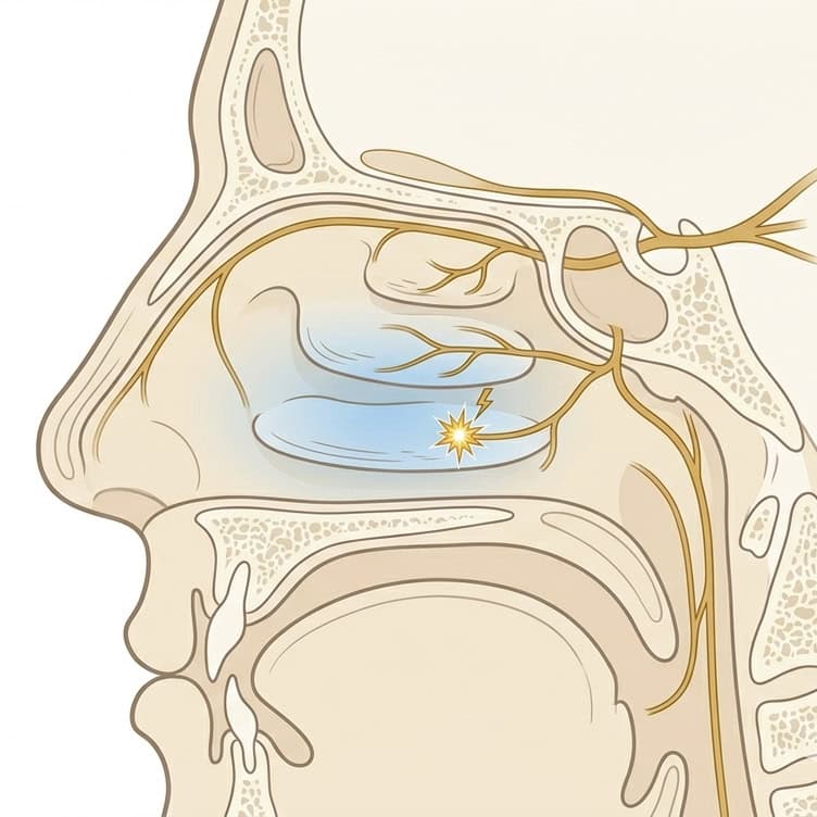 Sagittal cross-section of the nasal cavity showing the trigeminal nerve branches innervating the mucosa and a sensory receptor firing in response to airflow cooling